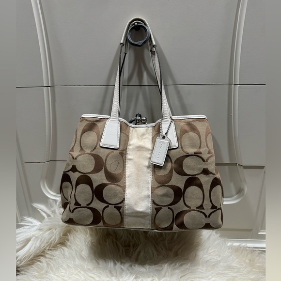 Coach Brown Ivory Jacquard Coach Signature Tote Carryall Bag Satchel Str… - Picture 1 of 10